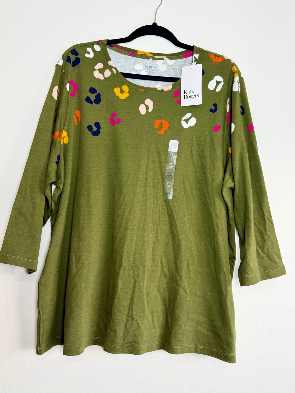 NWT Kim Rogers 2X Olive Colorful Leopard Print Top